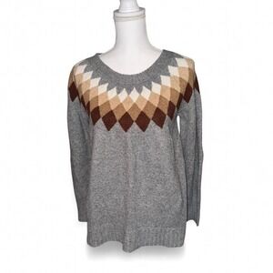 SUPER SOFT GRAY W/BROWN/TAN ARGYLE CREWNECK‎ SWEATER LADIES LARGE